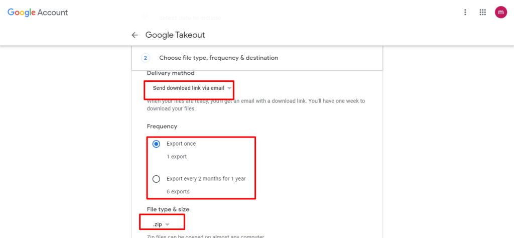 2nd step to export data google takeout