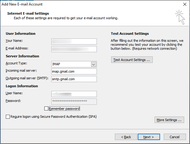 Internet Email setting in MS outlook