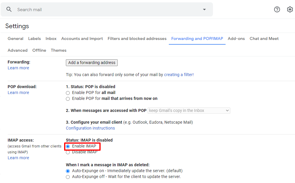 enable IMAP setting Gmail