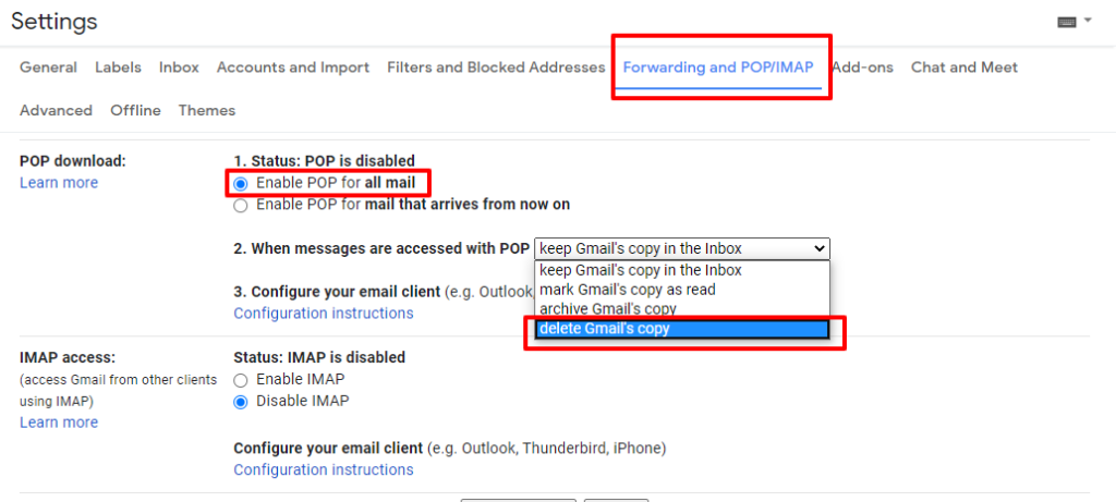 forwarding and POP/IMAP setting