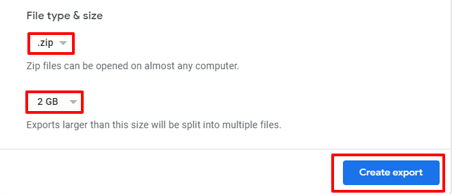 choose file type and file size google takout