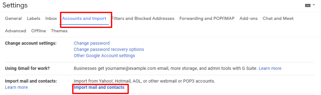 account and import setting gmail